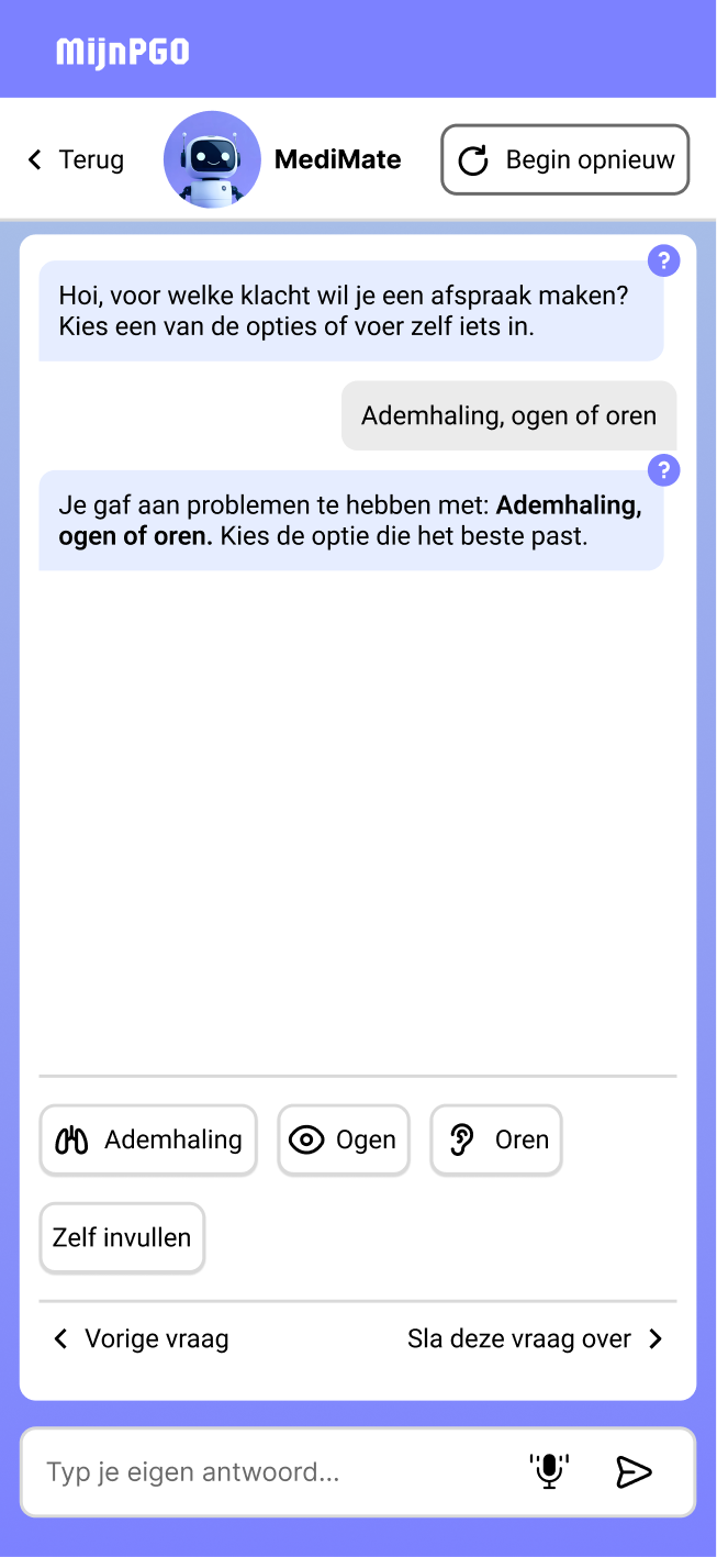 Chat-based interaction flow with quick replies and optional free text input