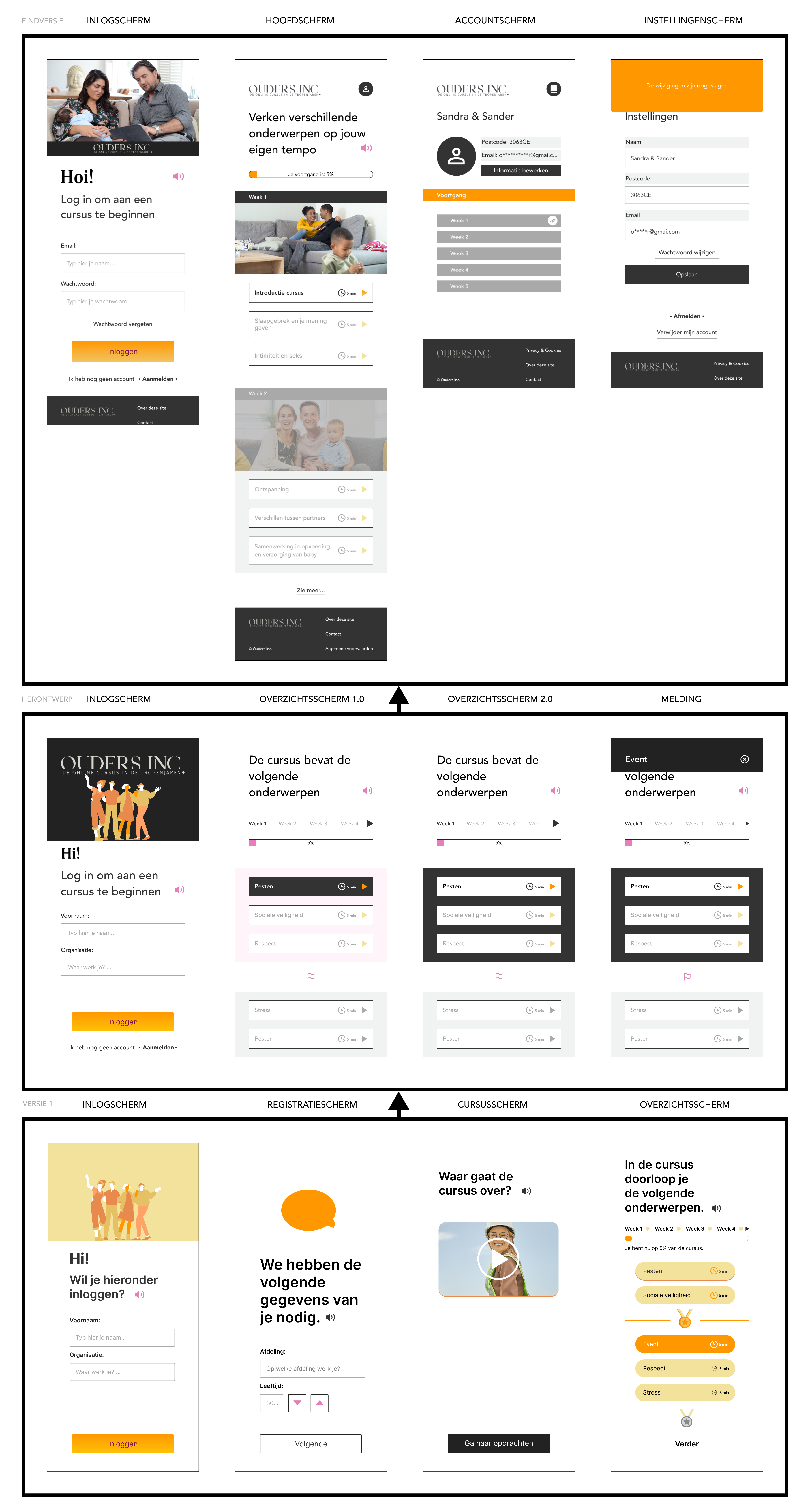 Vertical comparison of design iterations showing final version at top, intermediate in the middle, and original concept at the bottom